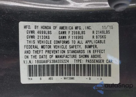 2011 Acura Tl из США, поврежденный, VIN 19UUA8F53BA005224